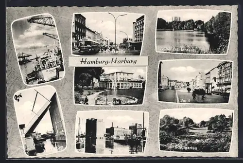 AK Hamburg-Harburg, Hafen, Moorstrasse, Aussenmühlenteich, Café Lindner, Sand, Schulgarten
