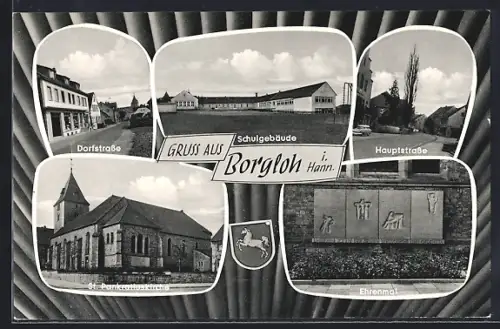 AK Borgloh i. Hann., Dorfstrasse, Schulgebäude, St.-Pankratius-Kirche, Ehrenmal