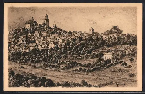 Künstler-AK Cronberg im Taunus, Gesamtansicht mit Burg und Stadt