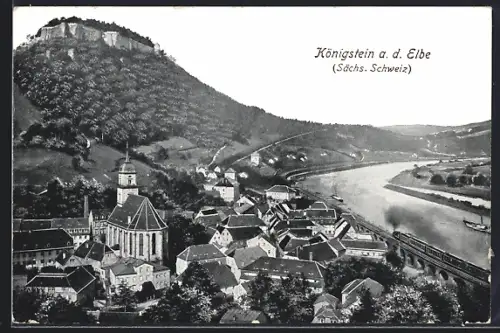 AK Königstein a. d. Elbe /Sächs. Schweiz, Festung, Kirche, Elbe mit Dampfer