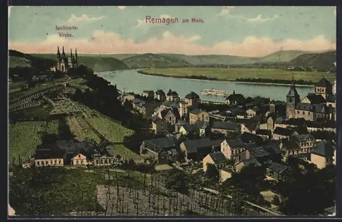 AK Remagen am Rhein, Apollinariskirche, Rheinpanorama