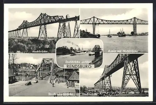 AK Rendsburg, Hochbrücke, Kanal mit Hochbrücke, Strassendrehbrücke, Drehbrücke geöffnet