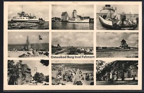 AK Burg /Fehmarn, Strand, Fähre Fehmarnsund, verschiedene Ortsansichten