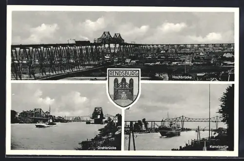 AK Rendsburg, Hochbrücke, Drehbrücke, Kanalpartie