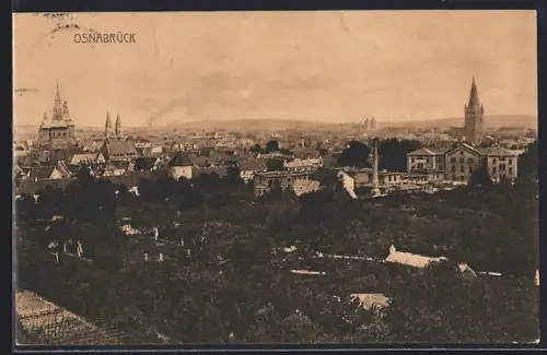 AK Osnabrück, Stadtpanorama mit Kirchen und markantem Turm