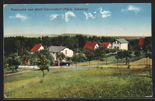 AK Wald-Sieversdorf /Märk. Schweiz, Panoramaansicht mit Wohnhäusern und Landschaft
