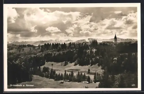AK Rottenbuch a. Ammer, Landschaftspanorama mit Kirche und Alpen im Hintergrund
