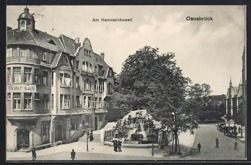 AK Osnabrück, Am Herrnteichswall, Wiener Café, Brunnenanlage