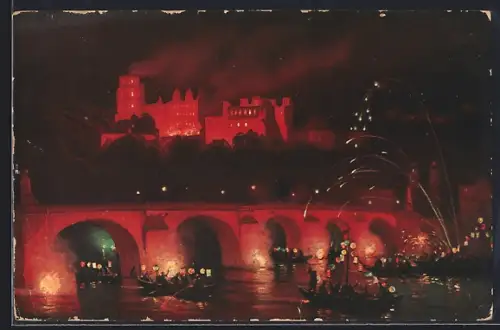 AK Heidelberg, Schlossbeleuchtung, Alte Brücke, Feuerwerk, beleuchtete Boote
