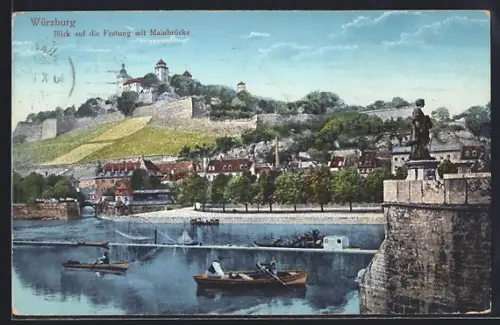 AK Würzburg, Blick auf die Festung mit Mainbrücke