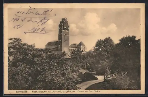 AK Darmstadt, Hochzeitsturm mit Ausstellungsgelände