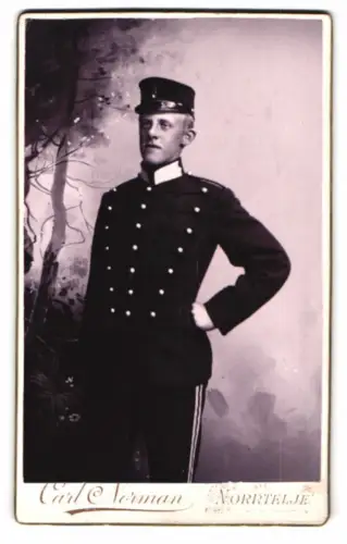 Fotografie Carl Norman, Norrtelje, Eleganter schwedischer Soldat in Uniform