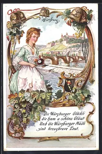 Lithographie Würzburg, Ortsansicht, Wappen