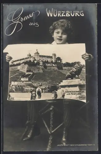 AK Würzburg, Ludwigsbrücke mit Festung im Schild von Jungen
