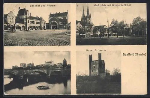 AK Saalfeld / Saale, Bahnhof und Postamt, Marktplatz mit Kriegerdenkmal