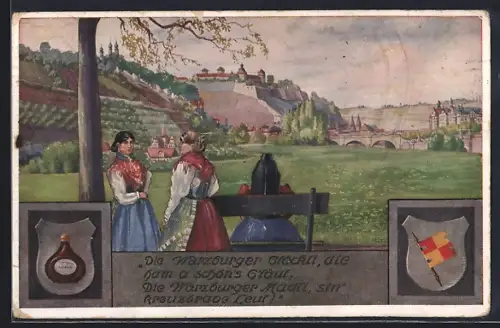 Künstler-AK Würzburg, Ortsansicht mit Blick gegen das Schloss, Frauen in Trachten