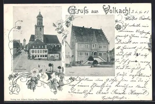 AK Volkach, Kirche mit oberer Hauptstrasse, Rathaus