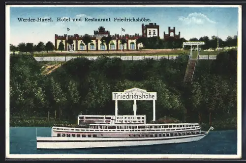 AK Werder / Havel, Hotel und Restaurant Friedrichshöhe mit Dampferstation