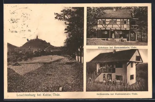 AK Kahla / Saale, Blick auf die Leuchtenburg, Siebshaus und Gräfenhütte bei Hummelshain