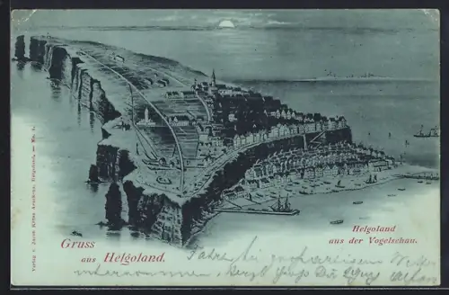 Mondschein-AK Helgoland, Totalansicht aus der Vogelschau