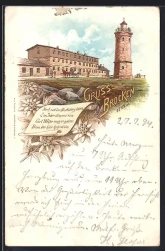 Vorläufer-Lithographie Brocken, 1894, Brockenhaus, Aussichtsturm