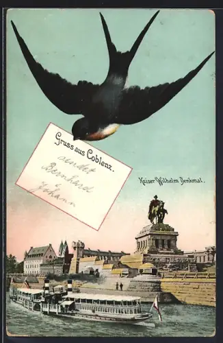 Schwalben-AK Koblenz, Kaiser-Wilhelm-Denkmal, Dampfschiff, Schwalbe mit Brief
