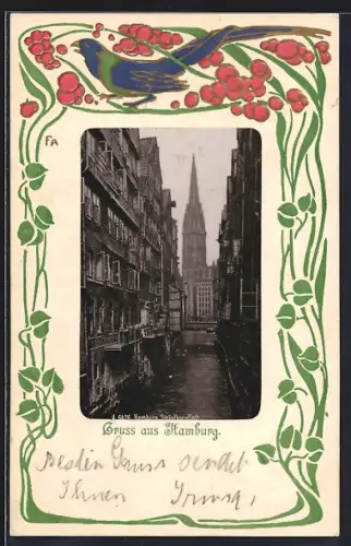 AK Alt-Hamburg, Fleet mit Blick auf St. Nikolai-Kirche, Jugendstil-Passepartout
