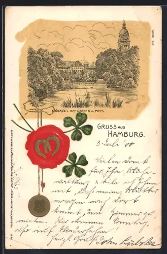 Lithographie Hamburg-St.Pauli, Botanischer Garten und Postamt