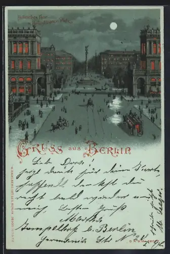 Mondschein-Lithographie Berlin, Hallesches Tor, nächtliche Platzansicht