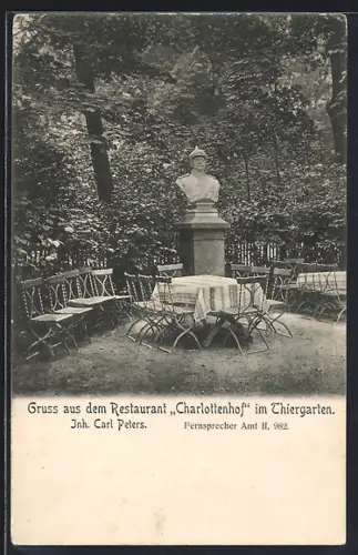AK Berlin, Restaurant Charlottenhof, Inh. Carl Peters, Garten mit Büste, Grosser Tiergarten