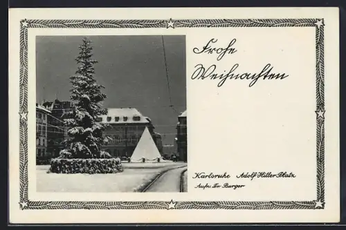 AK Karlsruhe, Platz mit Tannenbaum im Schnee, Weihnachtsgruss