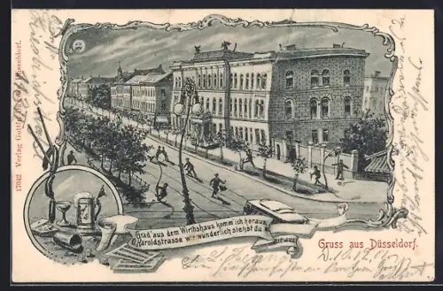 Wirtshaus-AK Düsseldorf, Haroldstrasse bei Mondschein aus der Sicht eines Betrunkenen, Bierkrug