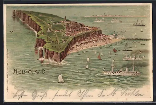 Lithographie Helgoland, Inseltotalansicht mit Segelschiffen