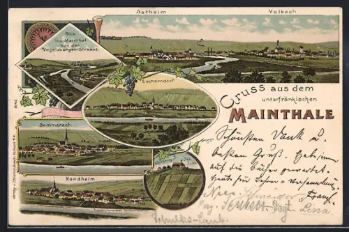 Lithographie Volkach, Volkach, Blick ins Maintal, Panorama von Astheim und Volksach, Vogelsburg, Sommerach