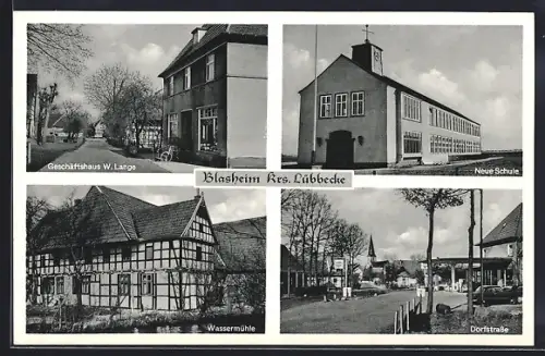 AK Blasheim /Krs. Lübbecke, Geschäftshaus W. Lange, Neue Schule, Wassermühle