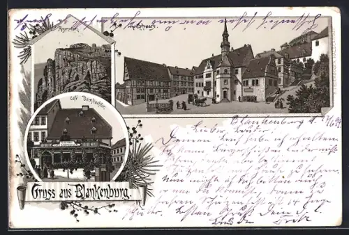 Lithographie Blankenburg / Harz, Cafe Damkoehler, Rathaus, Regenstein