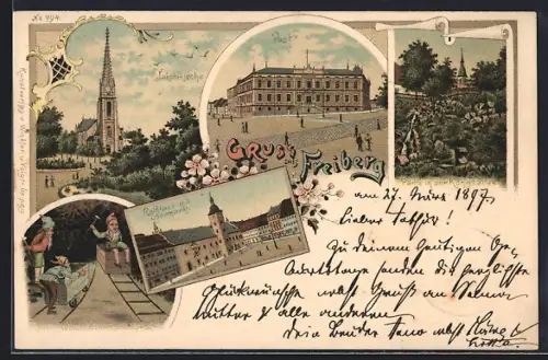 Lithographie Freiberg / Sachsen, Post, Rathaus mit Obermarkt und Jakobikirche