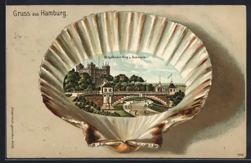 Passepartout-Lithographie Hamburg-St. Pauli, Helgoländer Weg, Seewarte, Muschel