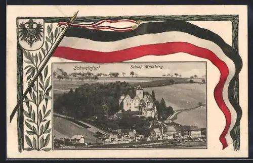 AK Schweinfurt, Schloss Mainberg, Wappen mit Fahne, Passepartout