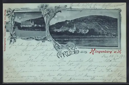 Mondschein-AK Klingenberg / Main, Uferpartie, Strassenpartie