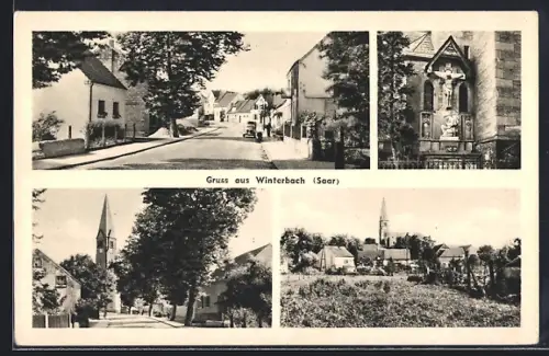 AK Winterbach / Saar, Panorama, Kirche und Strassenpartie