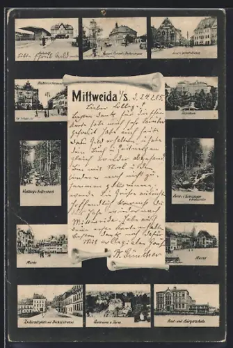 AK Mittweida i. S., Bahnhof, Technikum, Innere Weberstrasse, Markt und Zschirnerplatz