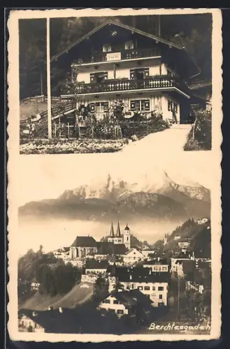 AK Berchtesgaden, Gasthaus, Stadtansicht mit Kirche und Watzmann