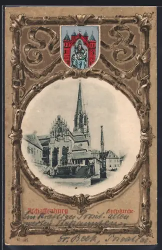 Passepartout-Lithographie Aschaffenburg, Stiftskirche, Wappen