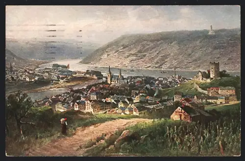 AK Bingen / Rhein, Stadtansicht mit Burg, Rhein und Niederwalddenkmal