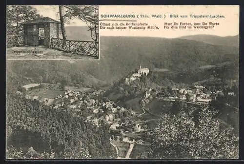 AK Schwarzburg /Thür. Wald., Blick vom Trippsteinhäuschen, Schloss, Ortsansicht