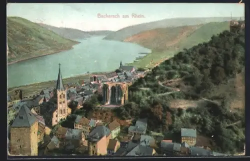 AK Bacharach am Rhein, Stadtansicht mit Kirche und Ruine