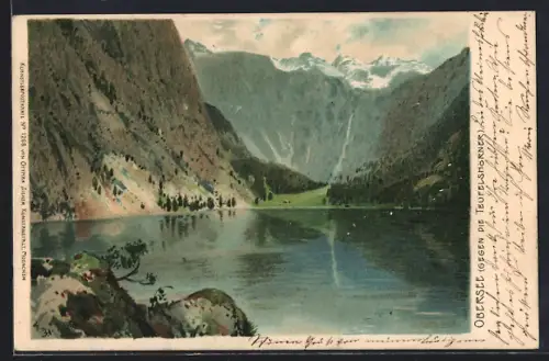 Lithographie Berchtesgaden, Obersee gegen die Teufelshörner