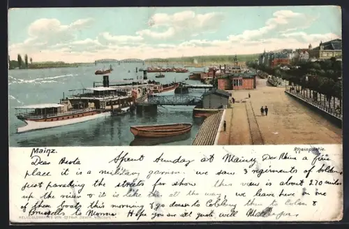AK Mainz, Rheinufer, Schiffsanleger, Brückenansicht