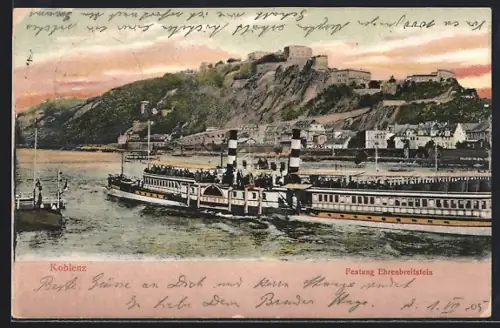AK Koblenz, Festung Ehrenbreitstein, Dampfschiff auf dem Rhein